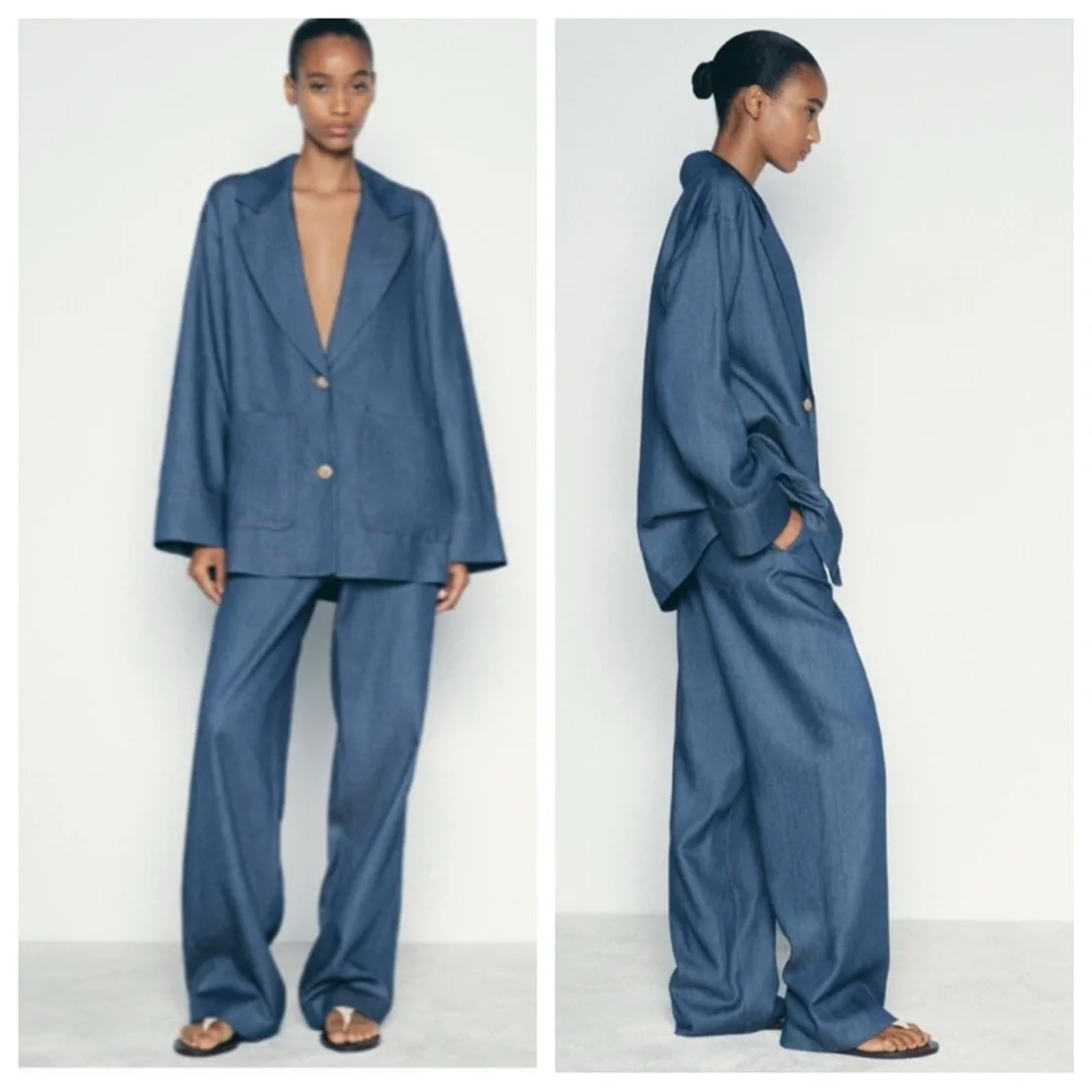 NWT! ZARA DENIM EFFECT OVERSIZED BLAZER and WIDE LEG PANTS INDIGO